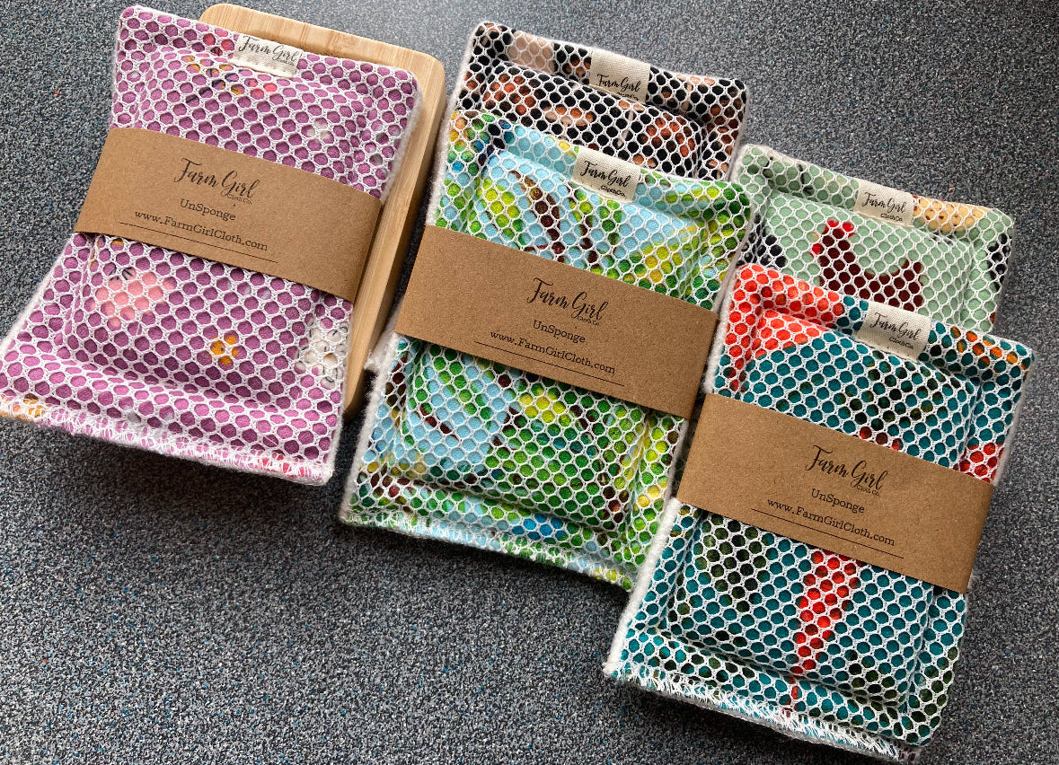 Reusable sponge from Farm Girl Cloth Co. five sponges pictured. washable and reuse