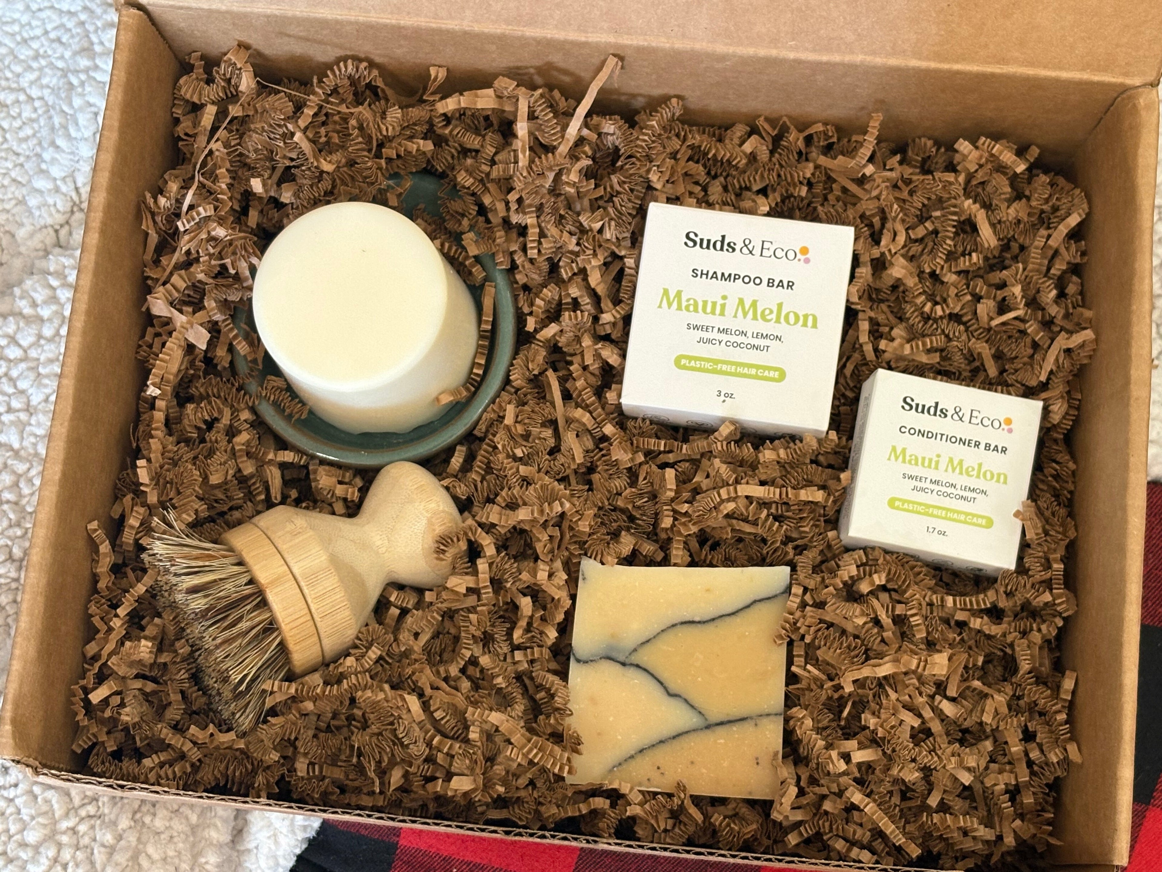 Gift Box contains ZWS Essentials shampoo bar, conditioner bar, Solid dish soap set, and solid body bar (calendula and citrus).